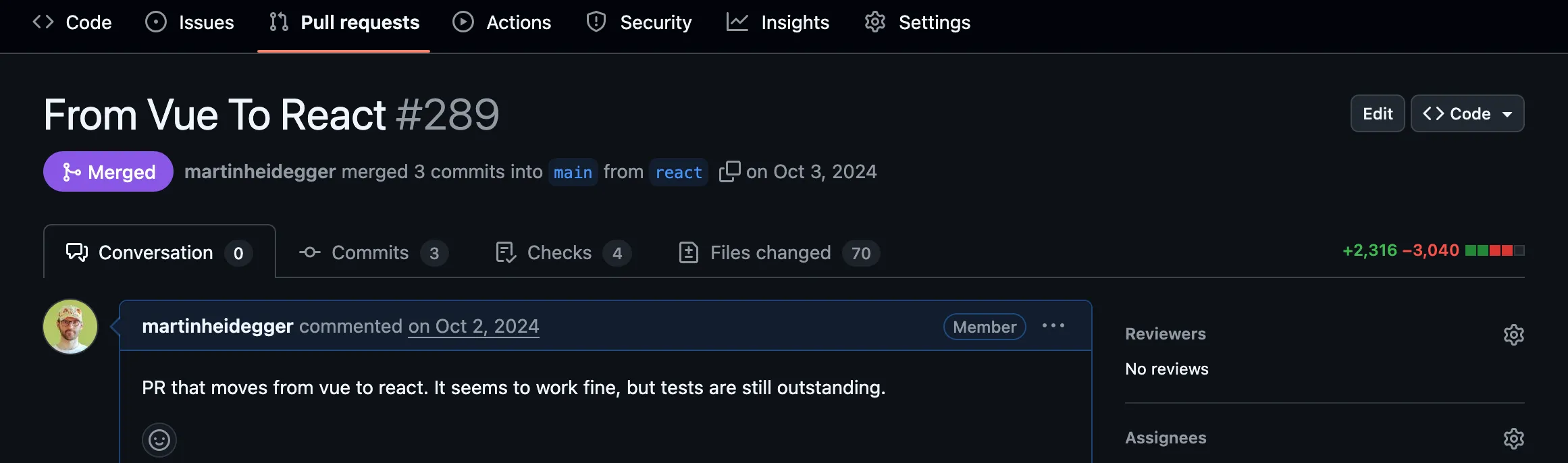 GitHub Screenshot of the PR that changed the homepage from vue to react